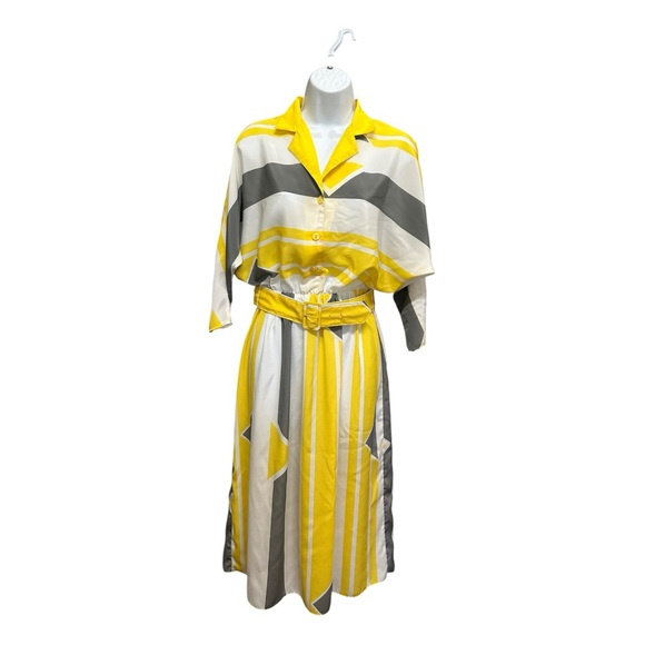 VTG Abstract Stripe Dolman Sleeve Midi Dress Yellow Grey Size 9 - Picture 2 of 9